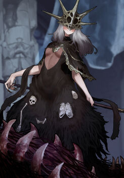 1girl absurdres aldrich_devourer_of_gods black_dress black_nails blush bone breasts capelet cleavage closed_mouth clothing_cutout commentary covered_eyes dark_souls_(series) dark_souls_iii dress ekrea_jan facing_viewer genderswap genderswap_(mtf) glaive_(polearm) gold_helmet grey_hair highres holding holding_weapon lace-trimmed_capelet lace_trim long_hair medium_breasts polearm ribs see-through_cleavage see-through_clothes skeleton skull smile solo spiked_helmet standing very_long_fingernails weapon