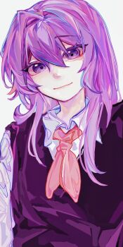 1girl alternate_sleeve_length arms_at_sides chinese_commentary closed_mouth collared_shirt commentary_request double-parted_bangs flat_chest grey_background hair_between_eyes hair_intakes hair_over_shoulder long_hair long_sidelocks long_sleeves looking_at_viewer mari_(headspace)_(omori) mari_(omori) mellocaa neckerchief omori pale_skin purple_eyes purple_hair purple_sweater_vest red_neckerchief saliva saliva_trail school_uniform shirt sidelocks smile solo straight_hair sweater_vest upper_body white_shirt