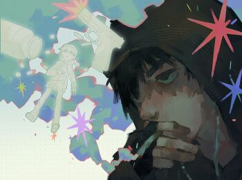 1boy aegyo_sal black_eyes black_gloves black_hair cigarette commentary_request cry_of_fear drugs earbuds earphones fingerless_gloves gloves grey_hoodie gun handgun hands_on_own_chest highres holding holding_cigarette hood hood_up hoodie male_focus multiple_views namidaliule painterly partially_shaded_face pastel_colors pill short_hair simon_henriksson smoke smoke_trail weapon yami_kawaii