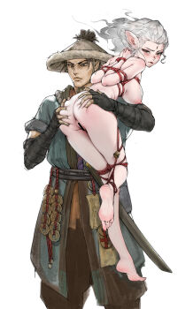 1girl absurdres animal_ears barefoot bdsm blush bondage bound commentary_request gdhs highres kidnapping original shibari take_it_home thighs