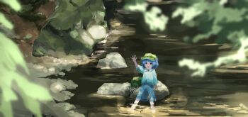 Rule 34 | 1girl, arm support, arm up, blue hair, blue shirt, blue skirt, blunt bangs, blurry, collared shirt, commentary request, dappled sunlight, dauchimk 1, depth of field, full body, green hat, hat, highres, kawashiro nitori, medium skirt, river, riverbank, rock, shirt, short hair, sitting, skirt, soaking feet, solo, sunlight, touhou, tree, wide shot