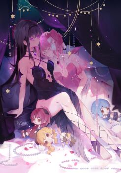Rule 34 | 2girls, absurdres, akemi homura, beads, bevsnailmail, black choker, black dress, black hair, black hairband, character doll, choker, closed eyes, commentary, doll, dress, hairband, head on another's shoulder, highres, kaname madoka, long hair, mahou shoujo madoka magica, miki sayaka, multiple girls, pink dress, pink hair, purple eyes, sakura kyoko, tomoe mami