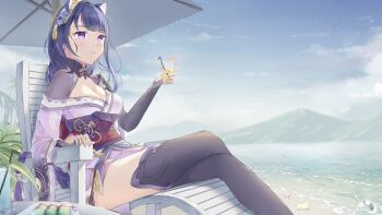 1girl absurdres animal_ears beach blunt_bangs blush braid breasts bridal_gauntlets cat_ears cat_girl chair cleavage closed_mouth commentary cup english_commentary from_side genshin_impact hair_ornament highres japanese_clothes kimono leaning_back light_smile long_braid long_hair looking_to_the_side medium_breasts mole mole_under_eye neck_ribbon ocean off_shoulder on_chair outdoors pakun palm_tree purple_eyes purple_hair purple_kimono purple_thighhighs raiden_shogun red_ribbon red_sash ribbon sand sash shade single_braid sitting solo table thighhighs thighs tree umbrella upper_body water