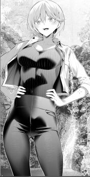 1girl breasts collarbone collared_jacket cropped_jacket evergreen_eri greyscale haite_kudasai_takamine-san hands_on_own_hips hiiragi_yuuichi jacket monochrome open_clothes open_jacket open_mouth pants ribbed_shirt shirt short_hair solo taut_clothes taut_pants