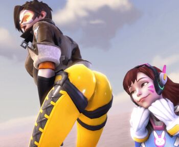 2girls 3d animated animated_gif ass ass_shake batesz bodysuit breasts brown_eyes brown_hair d.va_(overwatch) facial_mark gloves goggles headphones jacket jiggle long_hair looping_animation multiple_girls overwatch overwatch_1 shiny_clothes short_hair skin_tight smile source_filmmaker_(medium) spiked_hair tracer_(overwatch) yuri
