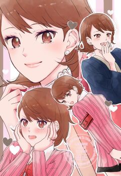 1girl armband birthday black_skirt blue_kimono blush bow bowtie brown_eyes brown_hair cardigan choker closed_mouth collared_shirt earrings flipped_hair gekkoukan_high_school_uniform hair_behind_ear hands_on_own_cheeks hands_on_own_face heart heart_choker highres japanese_clothes jewelry kimono lips long_sleeves looking_at_viewer miniskirt mixed-language_commentary multiple_views open_mouth persona persona_3 pink_cardigan pink_lips red_armband red_bow red_bowtie ribbed_cardigan s.e.e.s school_uniform shirt short_hair skirt smile stud_earrings takeba_yukari twitter_username upper_body utyuunosumi white_choker white_shirt yukata
