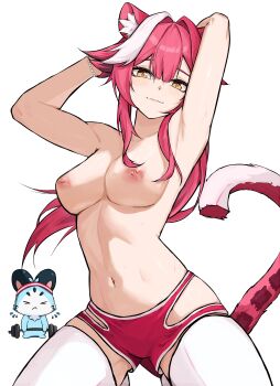 1girl absurdres animal_ears armpits arms_up blush bracelet breasts chattino_(raora_panthera) closed_mouth clothing_cutout collarbone commentary english_commentary hair_intakes highres hip_vent hololive hololive_english jewelry kneeling long_hair looking_at_viewer multicolored_hair navel nipples panther_ears panther_girl panther_tail pink_hair pink_lips pink_shorts pink_tail raora_panthera shorts simple_background smile stomach streaked_hair sweat tail thighhighs thighs topless_female ttsyrene two-tone_hair virtual_youtuber white_background white_hair white_thighhighs yellow_eyes