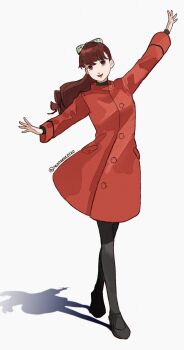 1girl absurdres black_pantyhose black_shoes bow coat full_body hair_bow highres long_hair long_sleeves looking_at_viewer mary_janes open_mouth outstretched_arms pantyhose persona persona_5 persona_5_the_royal ponytail red_coat red_eyes red_hair reonzeee0120 shadow shoes simple_background smile solo standing twitter_username white_background yoshizawa_kasumi