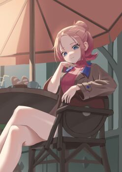 1girl absurdres baguette blonde_hair blue_eyes bread breasts brown_jacket chair closed_mouth commentary crossed_legs cup food gradient_hair hair_bun highres jacket korean_commentary long_sleeves looking_at_viewer multicolored_hair naz_(hsae3838) nintendo open_clothes open_jacket pink_hair pokemon pokemon_legends:_z-a red_shirt red_sweater ribbed_shirt shirt shorts sitting solo sweater table taunie_(pokemon) turtleneck umbrella white_shorts