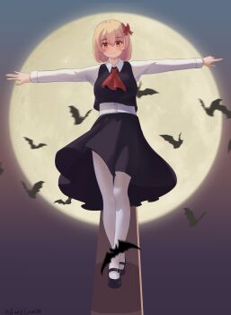 Rule 34 | 1girl, absurdres, andylove886, ascot, balancing, bat (animal), black shoes, black vest, blonde hair, bow, closed mouth, collared shirt, commentary, full body, full moon, hair bow, highres, long sleeves, looking at viewer, moon, outstretched arms, pantyhose, red ascot, red bow, red eyes, rumia, shirt, shoes, skirt, skirt set, smile, solo, spread arms, touhou, twitter username, vest, white pantyhose, white shirt