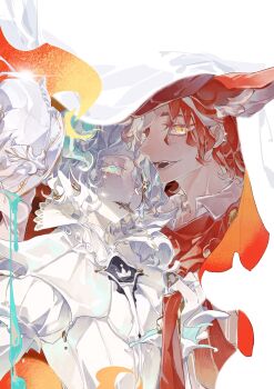 2boys absurdres animal_ears biting_coin blue_eyes crying ear_piercing fang florian_brand florian_brand_(spirit_fox) fox_ears gradient_eyes head_tilt highres identity_v jewelry looking_at_viewer male_focus matthias_czernin matthias_czernin_(king-h1) multicolored_eyes multicolored_hair multiple_boys official_alternate_costume pale_skin piercing puffy_sleeves red_hair ring rrrrrrrrien slit_pupils split-color_hair wavy_hair white_hair yaoi yellow_eyes