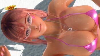 1girl beach bikini breasts cleavage closed_mouth collarbone dead_or_alive dead_or_alive_xtreme female_focus flower game_screenshot hair_flower hair_ornament heart heart_necklace honoka_(doa) large_breasts looking_at_viewer necklace outdoors pink_bikini pink_hair pink_nails red_eyes smile solo swimsuit tecmo video_game_screencap