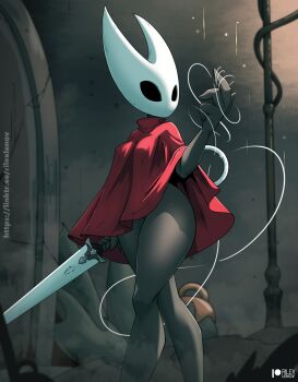 1girl arm_at_side arthropod_girl artist_name black_eyes black_skin blank_eyes blurry blurry_background breasts cloak colored_skin female_focus furry furry_female hand_up highres holding holding_weapon hollow_knight hollow_knight:_silksong hornet_(hollow_knight) lamppost legs looking_to_the_side medium_breasts needle_(hollow_knight) outdoors patreon_logo patreon_username red_cloak rilex_lenov solo string thick_thighs thighs watermark weapon web_address