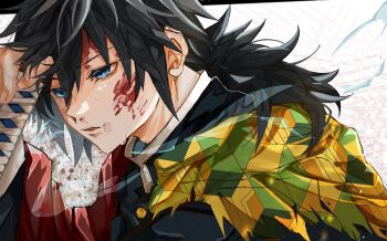 1boy absurdres black_hair black_jacket blood blood_on_face blue_eyes buttons demon_slayer_uniform fingernails gold_buttons hair_between_eyes haori high_collar highres holding holding_sword holding_weapon jacket japanese_clothes katana kikkoumon kimetsu_no_yaiba long_hair low_ponytail male_focus nitijoy2 parted_lips ponytail print_haori red_haori solo spiked_hair sword teeth tomioka_giyuu torn_clothes upper_body upper_teeth_only weapon