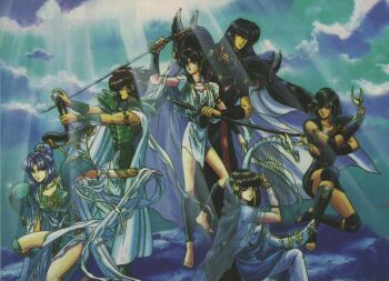 2boys 4girls androgynous armor ashura_(rg_veda) barefoot black_hair clamp cloud cloudy_sky fighting_stance full_body kendappa kendappa-ou light_rays long_sleeves multiple_boys multiple_girls outdoors rg_veda rock shin_guards short_hair shoulder_pads sky standing sunlight trap unsheathed yasha-ou