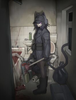 19vodnik 1girl absurdres animal_ear_headphones animal_ears axe baseball_cap bathtub black_boots black_pantyhose blood blood_on_clothes blood_stain boots bottle bucket cat_ear_headphones cat_ears cat_tail corpse fake_animal_ears gun handgun hat headphones highres original pantyhose plunger purple_eyes smile spray_bottle spray_can suppressor tail toilet toilet_paper weapon window