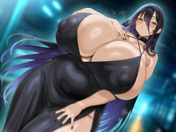 1girl absurdres areola_slip black_dress black_hair black_nails blush breasts chomikuplus closed_mouth commentary_request covered_erect_nipples dress gigantic_breasts hair_between_eyes highres long_hair looking_at_viewer mole mole_on_breast mole_under_eye nail_polish original parted_lips purple_eyes purple_hair smile solo