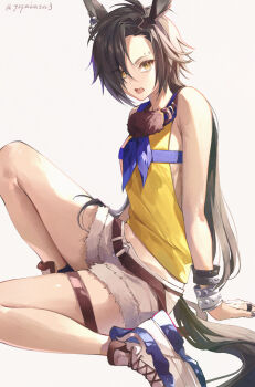 Rule 34 | 1girl, absurdres, air shakur (umamusume), animal ears, arm tattoo, bare shoulders, belt, black belt, black hair, black nails, blue neckerchief, blue sailor collar, bracelet, closed mouth, ear ornament, ear piercing, eyebrow piercing, face piercing, flat chest, highres, horse ears, horse girl, jewelry, long hair, looking at viewer, navel, neckerchief, no jacket, piercing, sailor collar, shadow, shorts, simple background, sitting, solo, tattoo, umamusume, white background, yellow eyes, yogukasu, yokozuwari