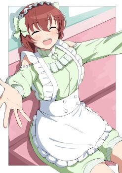 1girl :d ^_^ absurdres border bow braid brown_hair closed_eyes clothing_cutout couch emma_verde facing_viewer feet_out_of_frame freckles green_bow green_jumpsuit hair_bow highres hug_invitation indoors jersey_maid jumpsuit long_hair long_sleeves love_live! love_live!_nijigasaki_high_school_idol_club low_twin_braids maid maid_headdress official_alternate_costume on_couch open_mouth outside_border short_jumpsuit shoulder_cutout sitting smile solo twin_braids uchuu_no_mozuku unconventional_maid white_border