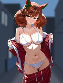 Rule 34 | 1girl, absurdres, alternate breast size (larger), animal ears, bikini, bikini under clothes, blurry, blurry background, blush, bow, breasts, brown eyes, brown hair, cleavage, clothes pull, commentary request, ear ribbon, exhibitionism, green ribbon, highres, horse ears, horse girl, horse tail, jacket, large breasts, limit zero, long hair, long sleeves, looking at viewer, multicolored hair, navel, nice nature (umamusume), open mouth, opened by self, outdoors, pants, pants pull, public indecency, red jacket, red pants, ribbon, solo, stomach, streaked hair, sweat, swimsuit, tail, thighs, tracen training uniform, track jacket, track pants, twintails, umamusume, white bikini