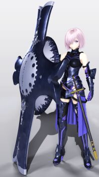 1girl 3d absurdres arm_at_side arm_guards armor armored_boots armored_leotard bare_shoulders black_boots black_gloves black_leotard black_thighhighs boots breasts bright_pupils closed_mouth elbow_gloves fate/grand_order fate_(series) female_focus full_body gloves grey_background hair_over_one_eye highres holding holding_shield ikedan legs_apart leotard looking_at_viewer mash_kyrielight mash_kyrielight_(demi-servant) medium_breasts one_eye_covered oversized_object pink_hair purple_eyes sheath sheathed shield short_hair simple_background smile solo standing sword thighhighs thighhighs_under_boots underbust waist_cape weapon