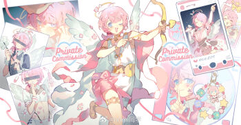 1girl ^_^ alternate_costume angel_wings antenna_hair apron armlet arrow_(projectile) barefoot_sandals_(jewelry) belt black_dress black_panties blouse blue_eyes bow bow_(weapon) brooch buttons cd_case cellphone cellphone_charm censored censored_identity character_charm charm_(object) closed_eyes closed_mouth coat collared_coat collared_dress collared_shirt commentary commission cowboy_shot cross cross_print cupid drawing_bow dress dress_bow duster enmaided eyelashes feather_duster feathered_wings flower food food_on_head frilled_apron frilled_sleeves frills gold_armlet gold_choker gold_thighlet greco-roman_clothes halo hand_on_own_chin heart_on_cheek highleg highleg_panties highres holding holding_arrow holding_bow_(weapon) holding_syringe holding_weapon idol jacket jewelry lapel_pin lapels leg_up light_blush long_hair long_sleeves looking_at_viewer low_twintails maid marking_on_cheek miniskirt multiple_views navel necktie nomi_tongxue notched_lapels nurse object_on_head open_clothes open_jacket open_mouth original panties phone pink_bow pink_flower pink_hair pink_necktie pink_ribbon pink_shawl pink_skirt pleated_skirt puffy_short_sleeves puffy_sleeves ribbon sample_watermark shawl shirt short_dress short_hair short_sleeves single_stripe skirt skirt_set sleeveless sleeveless_dress smartphone smile social_network striped_clothes striped_wrist_cuffs symbol-only_commentary syringe teeth thighlet toes traditional_halo twintails two-sided_coat two-sided_fabric underwear upper_teeth_only very_long_hair watermark wavy_hair weapon weibo_watermark white_apron white_background white_dress white_jacket white_shirt white_skirt white_wings white_wrist_cuffs wings wrist_cuffs yellow_belt yellow_halo yellow_ribbon