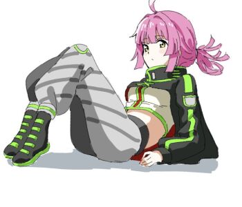 1girl 89ru0 a.l.a.n_(love_live!) ahoge arm_support black_boots black_shrug boots breasts commentary_request commentary_typo full_body grey_pants hair_intakes kishimen_hair long_sleeves love_live! love_live!_nijigasaki_high_school_idol_club love_live!_nijigasaki_high_school_idol_club_the_movie_-_finale medium_breasts midriff paint_chat_(medium) pants pink_hair ponytail reclining shirt shrug_(clothing) sidelocks simple_background solo tennoji_rina white_background white_shirt yellow_eyes