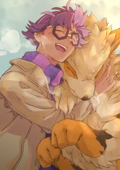 Rule 34 | 1boy, arcanine, arm up, black-framed eyewear, blush, brown coat, closed eyes, cloud, coat, commentary request, gen 1 pokemon, glasses, hug, hwiwoyako, jacq (pokemon), long sleeves, male focus, mane, nintendo, octagonal eyewear, open mouth, patterned clothing, paw up, pokemon, pokemon (creature), pokemon rgby, pokemon sv, puff of air, purple hair, scarf, short hair, sky, teeth, tongue, upper body, upper teeth only