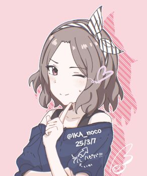 1girl artistic_error blue_shirt blush closed_mouth commentary drawn_wings drop_shadow ebizuka_tomo girls_band_cry grey_hair hair_ribbon happy_birthday heart highres index_finger_raised looking_at_viewer n_nai_nai_n off-shoulder_shirt off_shoulder one_eye_closed pink_background ribbon shirt short_hair solo too_many_fingers upper_body