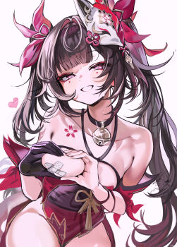 1girl absurdres bandaid bandaids_on_nipples bare_shoulders bell black_gloves blush breasts collarbone commentary_request crossed_bandaids detached_sleeves dress eyeshadow flower_tattoo fox_mask gloves grabbing_own_breast hair_intakes hair_ornament haze_(7h4ze) heart-shaped_boob_challenge highres honkai:_star_rail honkai_(series) jingle_bell long_hair looking_at_viewer makeup mask mask_on_head medium_breasts mole mole_under_each_eye mole_under_eye multiple_moles neck_bell pasties pink_eyes red_dress red_eyeshadow red_sleeves simple_background single_glove smile solo sparkle_(honkai:_star_rail) tattoo twintails white_background