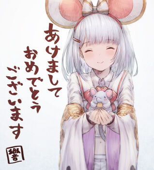 1girl 2019 animal animal_ear_hairband animal_ears animal_on_hand bow bow_hairband bowtie brooch buttons chinese_zodiac closed_eyes commentary_request cupping_hands double-breasted fake_animal_ears furisode_sleeves gradient_background granblue_fantasy grey_background grey_hair hair_ornament hairband hairclip heart heart_brooch ivris jewelry layered_sleeves long_sleeves midriff mouse_ears navel own_hands_together pleated_skirt red_bow red_bowtie red_hairband sailor_collar shirt skirt solo vikala_(granblue_fantasy) white_sailor_collar white_shirt white_skirt wide_sleeves year_of_the_rat