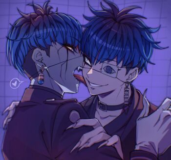 2boys absurdres black_choker black_hair black_haori black_kimono blue_eyes blue_hair blurry blurry_background chamuchai choker collarbone colored_skin commentary_request dual_persona earrings empty_eyes eye_print eyeliner eyepatch face_piercing facial_mark fangs fingernails gakuran gloves grey_skin grin hand_on_another&#039;s_arm hand_on_another&#039;s_shoulder haori heart highres jacket japanese_clothes jewelry kimono labret_piercing last_defense_academy_school_uniform licking looking_at_another makeup male_focus multicolored_hair multiple_boys no_pupils omokage_yugamu piercing print_eyepatch purple_background red_eyeliner school_uniform sharp_fingernails short_hair smile spoken_heart the_hundred_line_-last_defense_academy- undercut white_gloves yaoi