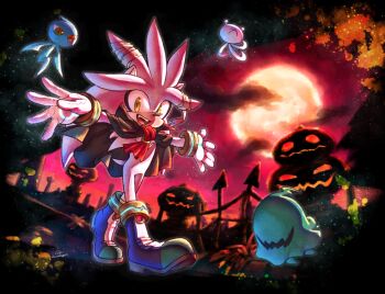 1boy 3582y :d animal_ears animal_nose bandages black_cape body_fur boots bracelet cape commentary_request cyan_wisp_(sonic) fangs full_moon furry furry_male gloves gold_bracelet grey_fur halloween hedgehog_boy highres in-universe_location jack-o&#039;-lantern jade_wisp_(sonic) jewelry looking_at_viewer male_focus moon neck_fur necktie official_alternate_costume open_mouth outdoors outstretched_arms pumpkin_hill red_necktie short_tail silver_the_hedgehog silver_the_hedgehog_(vampire) smile solo_focus sonic_(series) sonic_adventure_2 sonic_colors standing tail walking white_fur white_gloves wisp_(sonic) yacker_the_wisp yellow_eyes