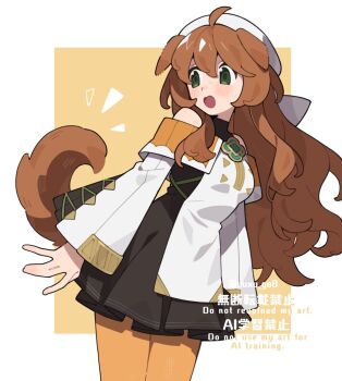 Rule 34 | 1girl, :o, ahoge, animal ears, bare shoulders, beret, black dress, blush, breasts, brown hair, commentary, covered collarbone, cowboy shot, dog ears, dog tail, dress, ellie (pekaso1118n), flustered, green eyes, hat, long hair, long sleeves, looking back, orange pantyhose, original, pantyhose, pekaso1118n, simple background, small breasts, standing, surprised, sweat, symbol-only commentary, tail, turning head, wavy hair, wavy sidelocks, white dress, white hat