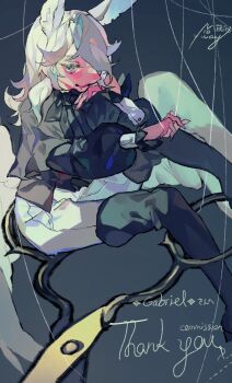 1boy animal_ears black_boots black_shirt boots closed_mouth commentary_request fang fang_out final_fantasy final_fantasy_xiv fingernails full_body grey_background hair_over_one_eye highres long_hair looking_at_viewer male_focus pants rabbit_boy rabbit_ears shinjitsu_no_kuchi shirt signature smile solo string viera warrior_of_light_(ff14) white_hair white_pants