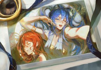 2girls adapted_costume arm_up armlet armor augusta_(wuthering_waves) blue_eyes blue_hair blush borrowed_clothes breastplate breasts closed_eyes commentary dress english_commentary english_text fingernails guii1210 highres iuno_(wuthering_waves) jewelry long_hair medium_breasts multiple_girls one_eye_closed open_mouth orange_hair outstretched_arms parted_lips photo_(object) selfie sleeping smile white_dress wuthering_waves