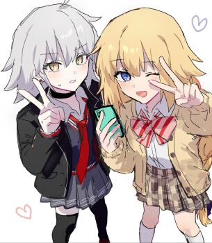 Rule 34 | 2girls, blonde hair, blue eyes, cellphone, fate/apocrypha, fate/grand order, fate (series), from above, highres, jeanne d'arc (fate), jeanne d'arc alter (fate), multiple girls, nekwnek, one eye closed, phone, pleated skirt, school uniform, shirt, skirt, smartphone, sweatdrop, thighhighs, type-moon, upper body, v, white hair, yellow eyes