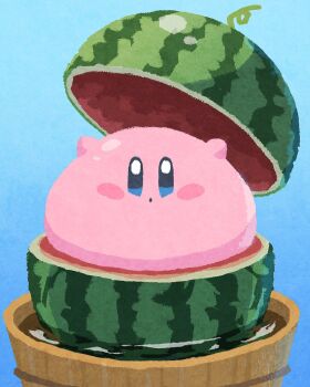 blue_background blue_eyes blush_stickers commentary food fruit highres in_food kirby kirby_(series) looking_at_viewer miclot nintendo no_humans simple_background solo symbol-only_commentary watermelon