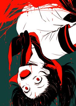 1girl black_hair blood crazy crazy_eyes female_focus ishiaji red_eyes school_uniform serafuku siren_(series) siren_2 solo twintails upside-down yagura_ichiko