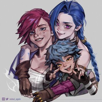 3girls arcane:_league_of_legends arcane_jinx arcane_vi arm_around_shoulder artist_name asymmetrical_bangs asymmetrical_hair bandaged_arm bandaged_hand bandages blue_eyes blue_hair braid breasts brown_choker child choker cleavage cloud_tattoo commentary double_v english_commentary eyebrow_cut face_piercing facial_tattoo facing_viewer freckles gloves hair_between_eyes happy highres hug instagram_logo isha_(arcane) jinx_(league_of_legends) league_of_legends lips looking_at_viewer multiple_girls nose_piercing piercing pink_eyes red_hair sidecut signature simple_background smile suisui_again tattoo teeth twin_braids twitter_logo twitter_username undercut upper_body v vi_(league_of_legends) wrist_wrap yellow_eyes