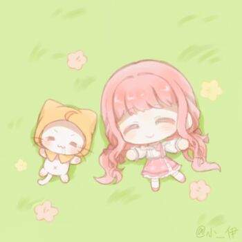 Rule 34 | 1girl, = =, ^ ^, ahoge, animal, artist name, bare shoulders, belt, black belt, black bow, black ribbon, bow, bow choker, bowtie, caoji76680, cat, center frills, chibi, chinese commentary, choker, cloak, closed eyes, closed mouth, clothed animal, commentary request, drooling, ear covers, flower, frilled shirt, frilled skirt, frilled sleeves, frills, hair bow, hair ribbon, happy, hood, hood up, hooded cloak, infinity nikki, kneehighs, layered skirt, light blush, long hair, long sidelocks, long sleeves, low twintails, lying, medium skirt, momo (nikki), navel, nikki (nikki), nikki (series), off-shoulder shirt, off shoulder, on back, on grass, outstretched arms, pawpads, perfect start (infinity nikki), pink bow, pink bowtie, pink choker, pink flower, pink hair, pink shoes, pink skirt, print skirt, puffy long sleeves, puffy sleeves, ribbon, shirt, shoes, sidelocks, skirt, smile, snowflake print, socks, tress ribbon, twintails, very long hair, wavy hair, whiskers, white cat, white shirt, white skirt, white socks, yellow cloak, yellow flower