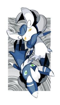 1boy 1girl blue_eyes blue_fur blue_sclera closed_mouth colored_sclera full_body furry furry_female furry_male gen_6_pokemon green_eyes highres kebe6p meowstic meowstic_(female) nintendo pokemon pokemon_(creature) red_eyes tail two-tone_fur white_fur yellow_sclera