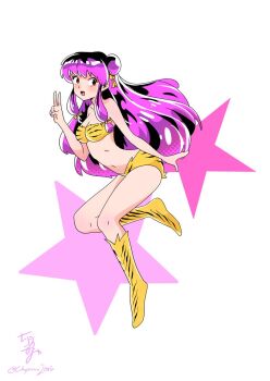 1girl cosplay double_bun hair_bun hair_ornament highres long_hair lum purple_hair ranma_1/2 shampoo_(ranma_1/2) sidelocks urusei_yatsura