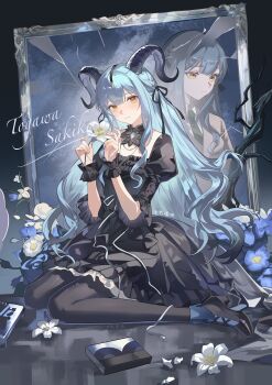 1girl absurdres arknights bang_dream! bang_dream!_it&#039;s_mygo!!!!! black_dress black_horns black_pantyhose black_ribbon blue_hair boots broken_mirror character_name chinese_commentary closed_mouth commentary_request curled_horns detached_collar different_reflection dress flower frilled_dress frills full-length_mirror full_body hair_ribbon hands_up haneoka_school_uniform high_heel_boots high_heels highres holding holding_flower horns long_hair looking_at_viewer mirror pantyhose petals reflection ribbon school_uniform shen_qingming sidelocks sitting solo togawa_sakiko togawa_sakiko_(master_of_melodia) white_lily wrist_cuffs yellow_eyes