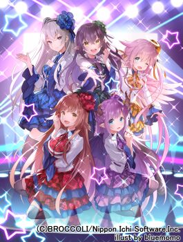 5girls ahoge aoi_momo black_thighhighs blue_eyes braid braided_hair_rings brown_horns closed_mouth copyright_notice demon_girl demon_horns demon_wings dress feathered_wings hair_between_eyes hair_ornament hair_ribbon hair_rings halo highres horns idol_clothes long_hair marie_(z/x) multiple_girls nu_(z/x) official_art one_eye_closed open_mouth pecteilis pointy_ears prism_(z/x) purple_eyes ribbon sparkle stage star_(symbol) teeth thighhighs traditional_halo ugly_(z/x) upper_teeth_only wings yellow_eyes yellow_ribbon z/x