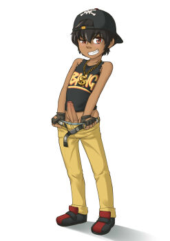 1boy baseball_cap belt black_belt black_cap black_hair black_shirt character_request dark_skin dollar_sign gloves hat highres jewelry male_focus necklace pants penis red_eyes shirt shota skull_and_crossbones smile tagme wangdangle yellow_pants