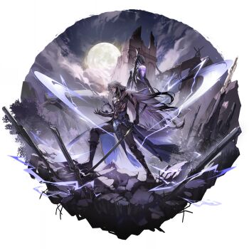 2boys behind_another black_boots black_pants boots calcharo_(wuthering_waves) cloud full_body full_moon grey_hair helmet highres holding holding_sword holding_weapon long_hair male_focus moon multiple_boys night official_art pants planted planted_sword planted_weapon ruins standing sword sword_on_back tacet_mark_(wuthering_waves) torn_clothes transparent_background weapon weapon_on_back wuthering_waves