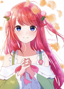 1girl absurdres bare_shoulders blue_eyes blush bow closed_mouth collarbone dress flower frills green_dress hair_flower hair_ornament highres long_hair long_sleeves looking_at_viewer off-shoulder_dress off_shoulder own_hands_clasped own_hands_together petals pink_bow pink_flower pink_hair rain_re_a re:zero_kara_hajimeru_isekai_seikatsu red_hair smile solo theresia_van_astrea two_side_up upper_body white_background wide_sleeves