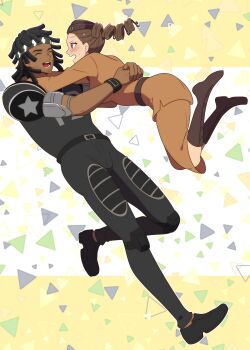 Rule 34 | 1boy, 1girl, absurdres, american football uniform, beard stubble, belt, black pants, boots, brown boots, brown eyes, brown hair, brown skirt, dark-skinned male, dark skin, dreadlocks, drill hair, facial hair, glomp, hat, headband, hetero, highres, hug, identity v, incoming hug, looking at another, martha behamfil, monkeywrench, pants, skirt, smile, sportswear, stubble, william ellis, wristband