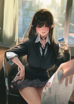 1girl anger_vein black_cardigan black_choker black_hair black_necktie breasts cardigan choker collared_shirt commentary_request grey_skirt heart heart_choker highres holding holding_paper long_hair long_sleeves looking_to_the_side miniskirt necktie open_mouth original paper pleated_skirt pointy_ears pov pov_hands red_eyes school_uniform shirt sino42 sitting skirt solo_focus sweat v-shaped_eyebrows white_shirt